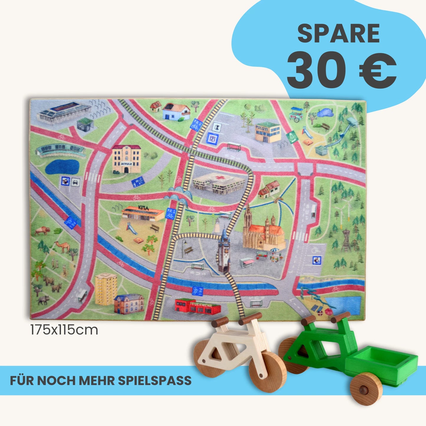 Spielteppich Freiburg 175x115cm im Starter-Set mit Stadtmotiven und Spielzeugfahrzeugen