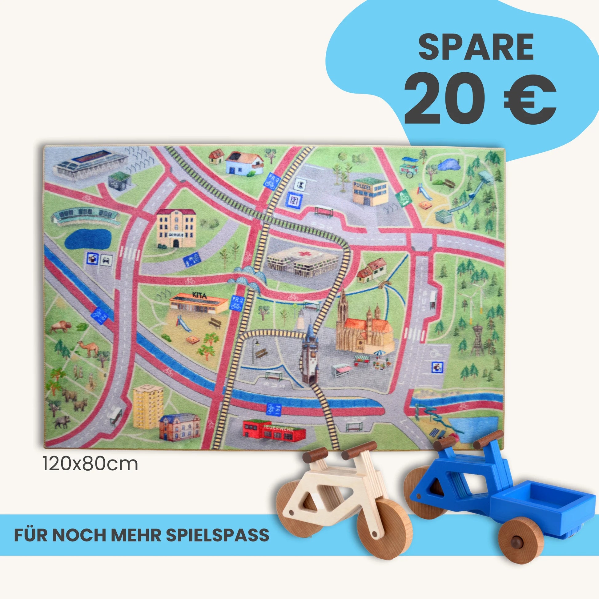 Spielteppich Freiburg 120x80cm Starter-Set mit Straßen und Spielzeugfahrrädern für kreatives Spielen