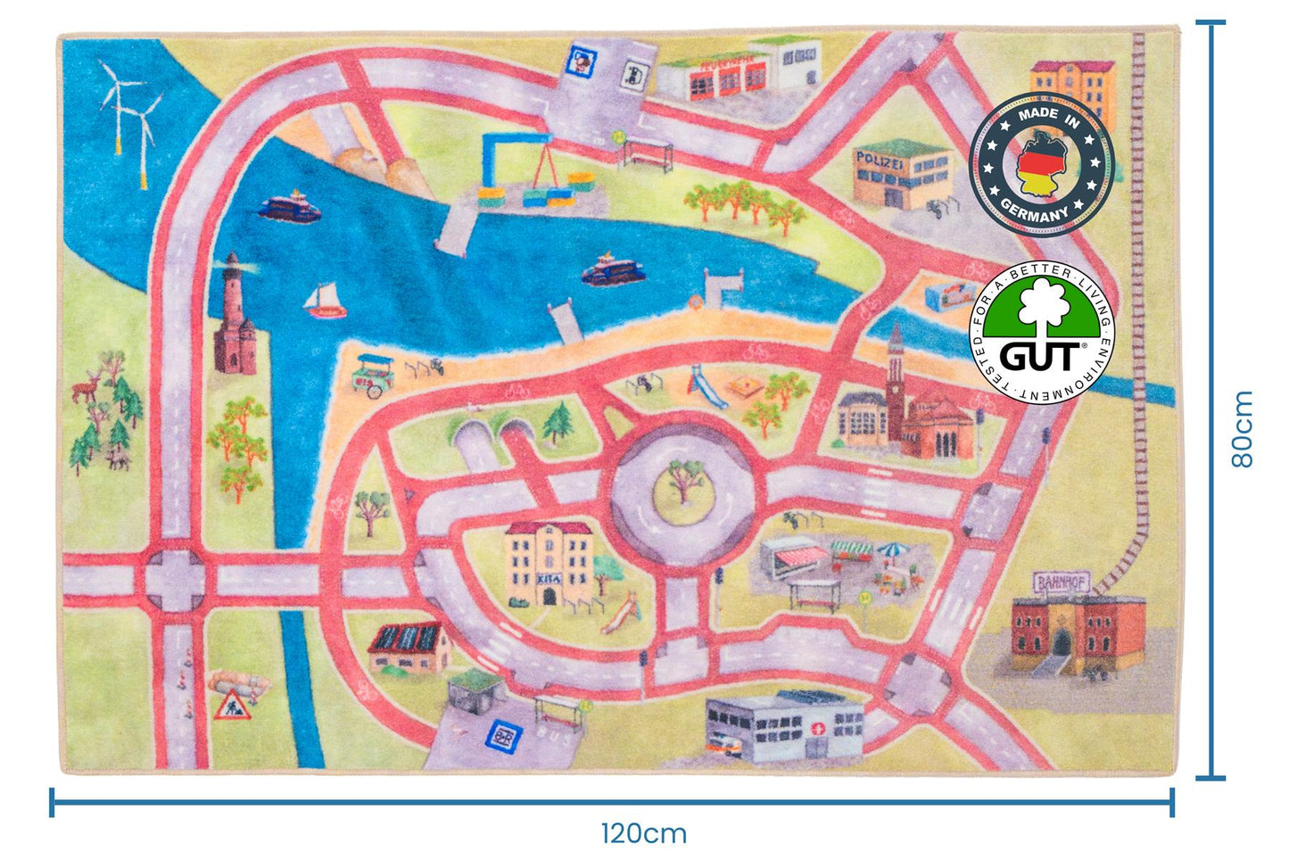 Der Spielteppich mit Radwegen von Spielwende mit einem Siegel "Made in Germany" und dem Größenmaß 120x80cm