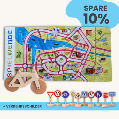 Handtuch Maxi Mobilitätsset mit Spielteppich, Holzfahrrad und Verkehrsschildern, OEKO-TEX zertifiziert.