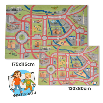 Spielteppich Berlin in zwei Größen mit Stadtmotiven für Kinderzimmer und Kitas, fördert kreatives Spiel und Mobilität.